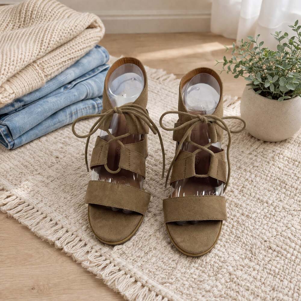 BC Footwear Taupe Suede Lace Up Block Heel Sandals Womens Size 7.5 Boho
